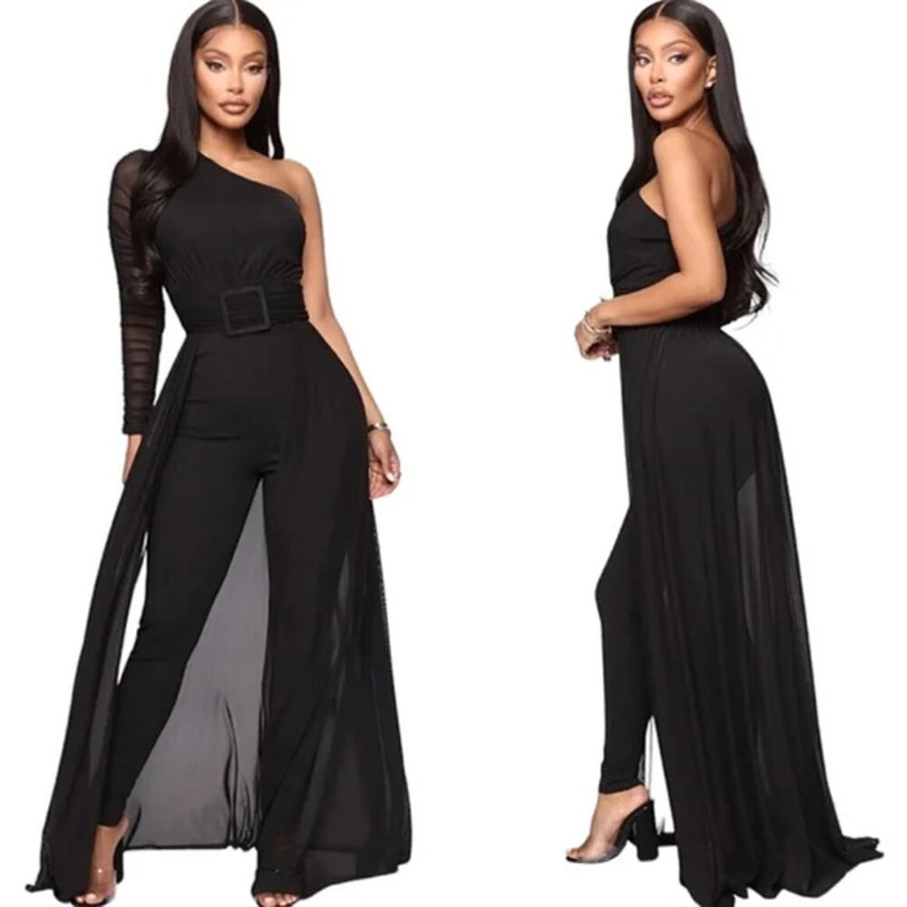 Fashion Nova Black One-Shoulder Jumpsuit with Sheer Overlay
